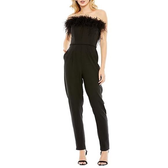 Leena for Mac Duggal Ostrich Feather Strapless Jumpsuit Black Women's Size 6 NWT - Picture 1 of 12